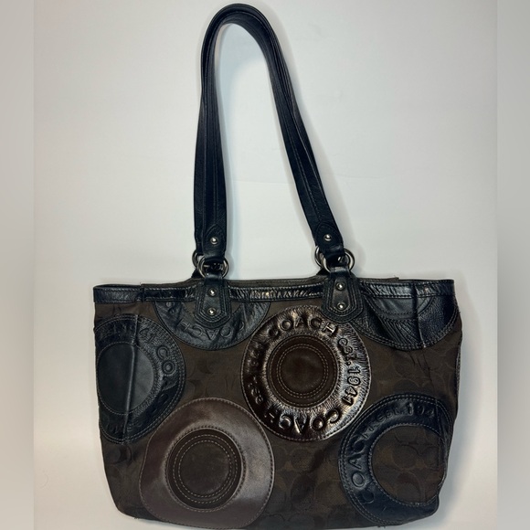 Coach Handbags - COACH Circle Patchwork East West Tote Black Brown F15466 Shoulder Handbag Purse